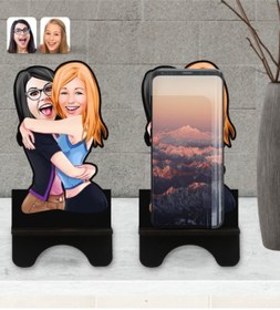 Resim Bk Gift Kişiye Özel Kız Kardeşler Karikatürlü Ahşap Biblo Telefon Standı-10 