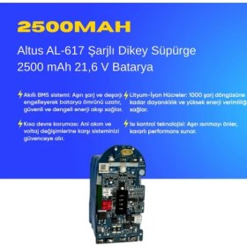 Resim Altus AL-617 Şarjlı Dikey Süpürge 2500 mAh 21,6 V Batarya - Orjinal Uyumlu Uzun Ömürlü, Yüksek Performans Pil 