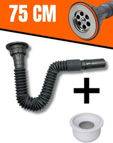 Resim GİVY Aqua Gri Rakorlu Körüklü Lavabo Sifonu 75 Cm | Esnek Evye Gider Hortumu | Mutfak & Banyo Uyumlu 