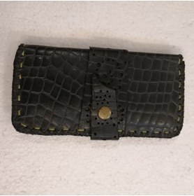 Resim Butik Tülin Otantik Uniseks El Yapımı Hakiki Dana Derisi Siyah Kroko Baskı Bantlı Çıtçıtlı Cüzdan 