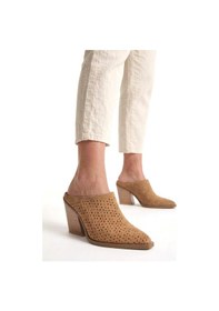Resim Fox Shoes Y654930702 Vizon Hakiki Deri Süet Western Topuklu Kadın Terlik 