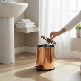Resim İsaoğlu Yapı Bakır Pedallı Çöp Kovası Rose Bakır Paslanmaz Çelik Kova Bronz Banyo Çöp Kovası 
