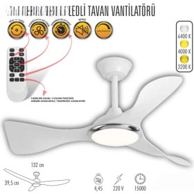 Resim 40 Watt, 3 Işık Modlu, 6 Kademeli, Kumandalı, Çok Şık ve Kaliteli Tavan Vantilatörü Ledli Vantilatör 