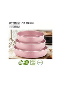 Resim 3lü Granit Yuvarlak Fırın Tepsisi Seti - Pembe Pembe 