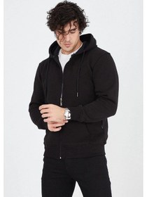 Resim Barlashive Erkek 3 İplik Pamuklu Fermuarlı Kapüşonlu Kanguru Cepli Hoodie Hırka Sweatshirt - Siyah Çok Renkli 