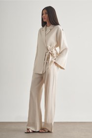Resim Mizalle Keten Karışımlı Anvelop Bağlı Bej Rengi Kimono Ceket 