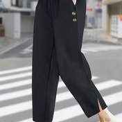 Resim Kadınların Yüksek Bel Geniş Bacaklı Pantolonları - Yan Düğme Detayları ve Ön Yarık ile Şık Düz Renk Esnek Olmayan Kumaş, Kadınlar için Rahat Bahar Yaz Pantolonları, Konforlu Moda, Yüksek Bel Tayt, Rahat Kıyafet, Düzenli Uygunluk, Pürüzsüz Dokuma 
