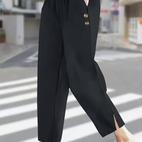 Resim Kadınların Yüksek Bel Geniş Bacaklı Pantolonları - Yan Düğme Detayları ve Ön Yarık ile Şık Düz Renk Esnek Olmayan Kumaş, Kadınlar için Rahat Bahar Yaz Pantolonları, Konforlu Moda, Yüksek Bel Tayt, Rahat Kıyafet, Düzenli Uygunluk, Pürüzsüz Dokuma 