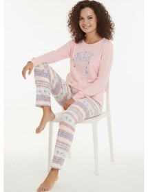 Resim Luxury Thermal Sweet Winter Geyik Desenli Kadın Polar Kışlık Pijama Takımı 42054 Pembe 
