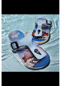 Resim Çocuk Günlük Parmak Arası Araba Baskılı Plaj,deniz,havuz Terliği Mavi 