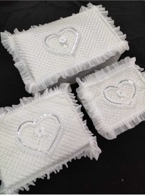 Resim Çt Çeyizci Tekstil Çeyizlik Saten Kalp Işlemeli Beyaz 3lü Bohça, Nişan Gelin Damat Hurcu 3lü 