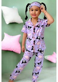 Resim Kız Çocuk Kedi Desenli Lila Mor Renk Kısa Kollu Pijama Takımı Lila 