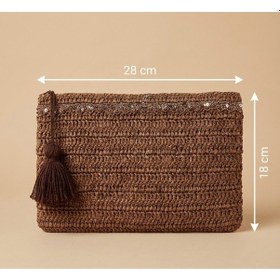 Resim Myballistore Kağıt İpten El Örgüsü Clutch Kahverengi Püskül Detaylı Astarlı Çanta 