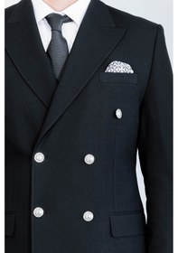Resim Gümüş Düğmeli Slim Fit Kruvaze Siyah Erkek Takım Elbise Wessi Siyah 