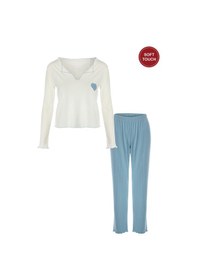 Resim Kadın Soft Touch Fitilli Kalp Detaylı Uzun Kollu Pijama Takımı Kk70640 Ekru - Mavi 