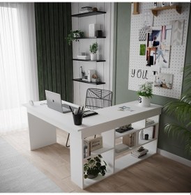 Resim Robinhome Robin Home Martin Kitaplık Raflı Çalışma Masası L Ofis Masası Bey Beyaz 