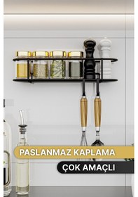 Resim Bino Baharatlık Lüks Metal Siyah Mutfak Rafı Banyo Rafı Yapışkanlı Kancalı Tasarım Tuzluk Askılık Çok Renkli 