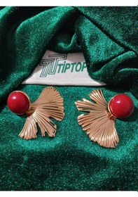 Resim Tiptop/ Bordo Mineli Gold Yaprak Küpe Altın - Kırmızı 