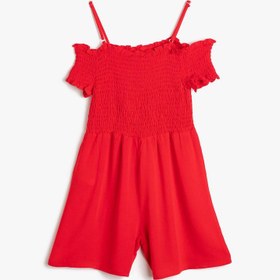 Resim Kız Çocuk İnce Dökümlü Dokulu Kumaştan Omzu Açık Askılı Kısa Şortlu Tulum 