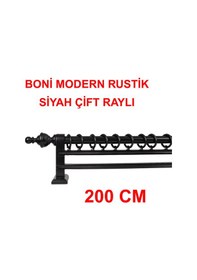 Resim Boni Modern Rustik Ahşap Rustik Perde Askısı Çift Raylı-siyah 200 Cm Siyah 