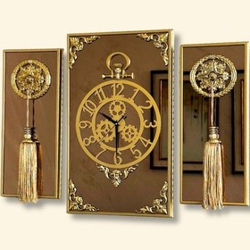 Resim 3lü Gold Dikdörgen Aynalı Çerçeveli Püsküllü Duvar Saati Takımı, Wall Clock, Hediye, Ms38-1 