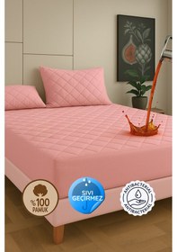 Resim %100 Pamuk Renkli Kapitone Sıvı Geçirmez Alez Çarşaf - Pembe 