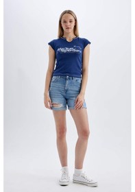 Resim Defacto Boyfriend Yüksek Bel Katlamalı Paça Jean Şort C2469AX24SMNM39 Mavi 