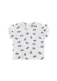Resim Antebies Organik Gots Sertifikalı Mavi Kurdele Jakar Arkadan Çıtçıtlı Fırfırlı Kız Bebek Tshirt 