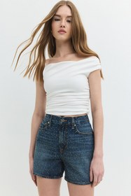 Resim DT11144 - DEBORAH Straight Fit Taşlı Orta İndigo Jean Şort - S 