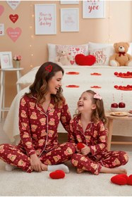 Resim rindahomewear Anne-Kız Ayıcık Desenli Düğmeli Örme Uzun Kollu Pijama Takımı 