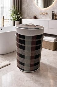 Resim Lüks Bambu Kapaklı Kirli Çamaşır ve Oyuncak Sepeti Desenli Renk 40X30X60 cm 72 Litre (Yuvarlak) 