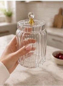 Resim Qerhome 4'lü Borosilikat Cam Optik Çizgili Kristal Gold Kapaklı Kavanoz Seti 630 -800-1100-1500 Ml Şeffaf 