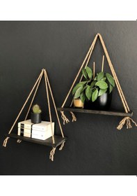 Resim O&Awood 2'Li Halatlı Doğal Ahşap Raf, Dekoratif Duvar Rafı, Siyah 