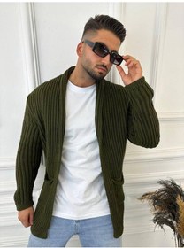 Resim Elku Moda Hırka Kalın Örgü Şal Yaka Cepli Panço Triko Hırka Yeşil 