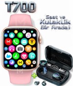 Resim MATEO T700 Akıllı Saat + Kablosuz Kulaklık Seti - Pembe, Samsung, Xiaomi, Huawei, iPhone Uyumlu 