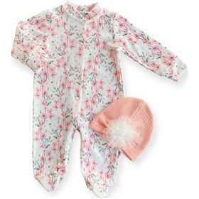 Resim 0-3-6-9 Ay Çiçek Baskılı Tam Boy Çıtçıtlı Patikli Güllü Boneli Kız Bebek Tulumu 001 