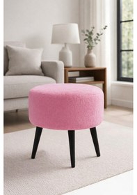 Resim Waterybrook Yuvarlak Puf Welsoft Kumaş Siyah Ahşap Ayaklı - Makyaj - Yatak Ucu - Dekoratif Oturma Pufu Pembe 