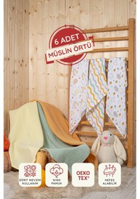 Resim 3 Desenli 3 Düz Renk Ile 6lı, Pamuk, Çok Amaçlı Müslin Çok Renkli 