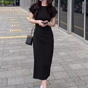 Resim Kadınlar İçin Fransız Tarzı Bodycon Midi Elbise - Esnek Polyester-Spandeks Karışımı, Büzgülü Bel & Kısa Kollu, Petite Kadınlar İçin Uygun, Düz Siyah İlkbahar/Yaz Günlük ve Akşam Giyimi 