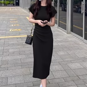 Resim Kadınlar İçin Fransız Tarzı Bodycon Midi Elbise - Esnek Polyester-Spandeks Karışımı, Büzgülü Bel & Kısa Kollu, Petite Kadınlar İçin Uygun, Düz Siyah İlkbahar/Yaz Günlük ve Akşam Giyimi 