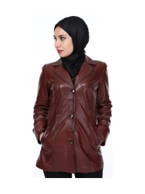 Resim Deriwork Hakiki Kuzu Derisi Bordo Önden Düğmeli Kadın Ceket Bordo 