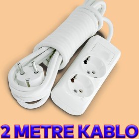 Resim Badem10 Kablolu 2'li Topraklı Grup Priz Fiş Çoğaltıcı 2 Metre Çoklu Asmalı Uzatma Kablosu Anahtarsız 