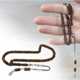 Resim Tesbihname Sıkma Kehribar Tesbih - 925 Ayar Gümüş Püsküllü - Mini Boy - Kahverengi Beyaz - Kesme Kesim Çok Renkli 