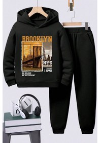 Resim Uyguntarz Brooklyn Baskılı Erkek - Kız Rahat Eşofman Takımı Siyah 