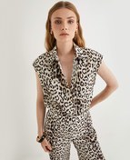 Resim Leopar Desenli Crop Gömlek Kolsuz Pamuklu 