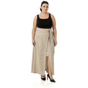 Resim Disentis Büyük Beden Önden Yırtmaçlı Süs Bağlama Detaylı Torba Cepli Bej Rengi Midi Etek Bej 