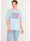 Resim Kadın Mavi Büyük Beden Pamuklu Kumaş Ön Baskılı Bluz-mavi Mavi 