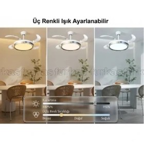 Resim Gizli Kanatlı Tavan Vantilatörü ve Oda Vantilatörü - Yaz/kış Modlu 3 Işık Modlu Kumandalı Şık Tasarım 