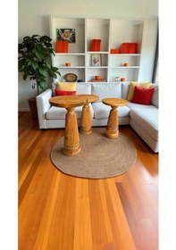 Resim Masif Tik Renk Mantar Sehpa Takımı 3 Lü Ahşap Yan Sehpa Kahverengi 