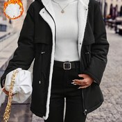 Resim Kadınlar için Rahat Polar Astarlı Kapüşonlu Kışlık Ceket, Fermuarlı Kapüşon ve İpli Bel - Sıcak, Kalın Günlük Dış Giyim Siyah Renkte, Soğuk Hava İçin Mükemmel, Kışlık Ceket 